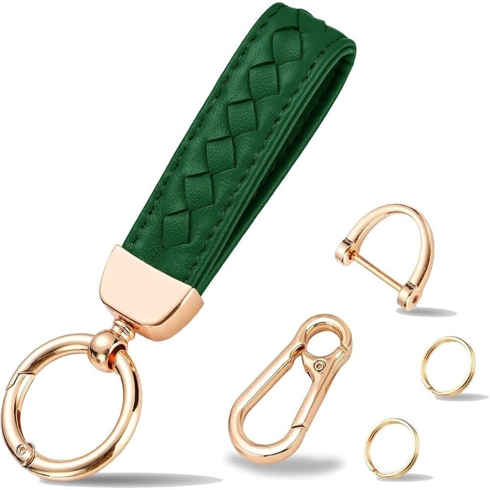 🆕 Women Green Genuine Leather Car Keychain Fob Holder Anti-Lost D-Ring Closure